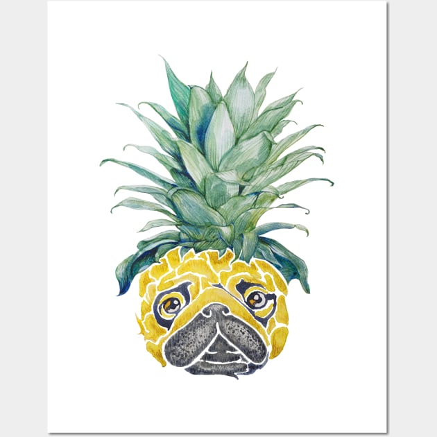 Pineapple Pug Watercolor Wall Art by huebucket